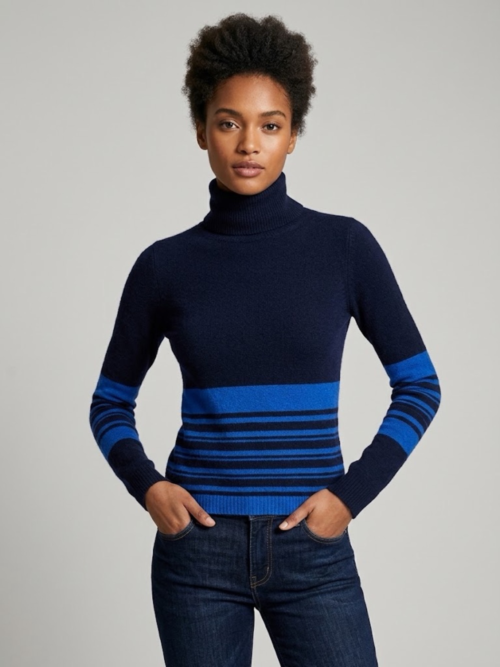 Theory 100% Cashmere Turtleneck Sweater Navy Blue Electric Stripe S